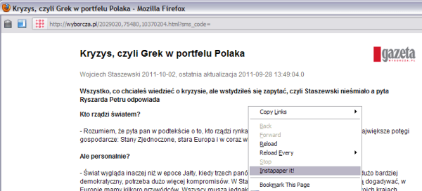 Instapaper - dodawanie wersji do druku Instapaper - dodawanie wersji do druku - wybieramy Instapaper It z menu kontekstowego