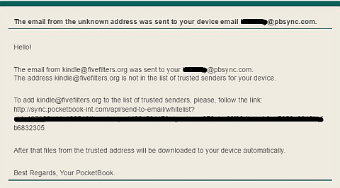 Treść listu z usługi Send-to-PocketBook z odsyłaczem aktywującym otrzymywanie przesyłek wysyłanych przez wtyczkę