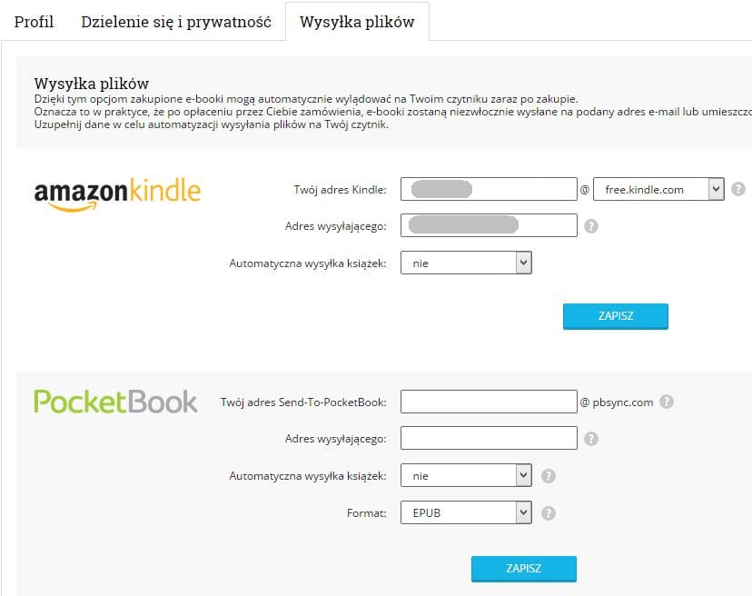 Wysyłkę na czytniki Kindle oraz PocketBook można skonfigurować w ustawieniach konta - sekcja "Wysyłka plików"