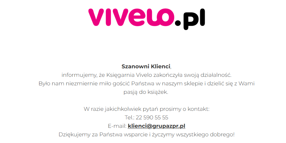 Vivelo – kolejna księgarnia (również z e-bookami) zamknięta