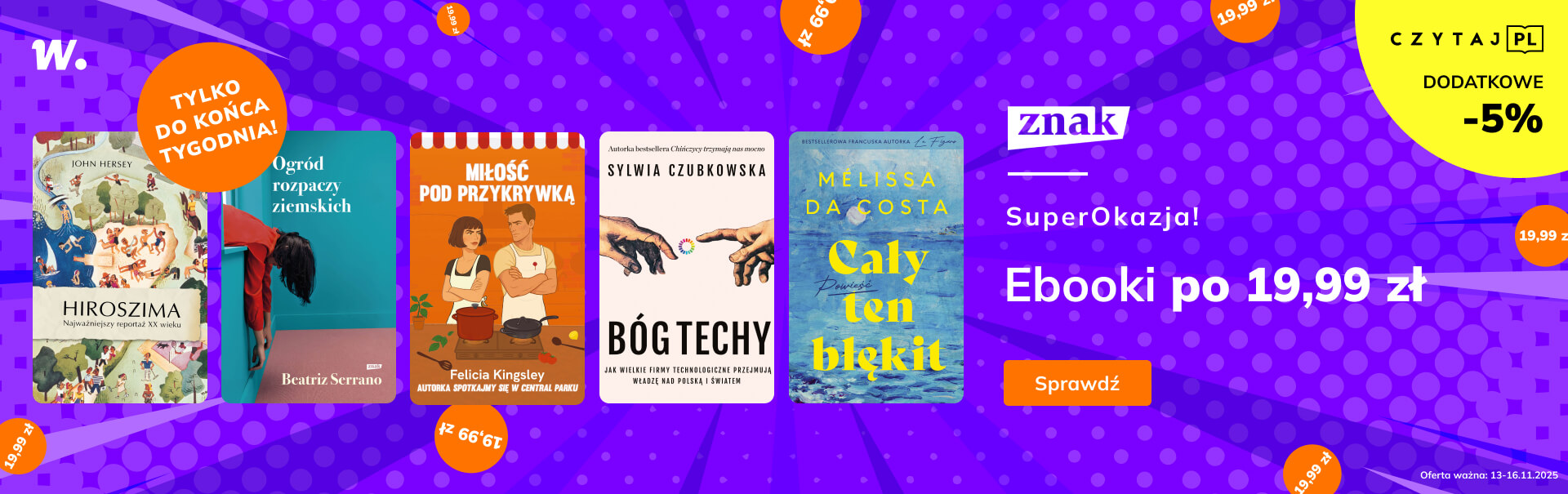Promocje dnia – 13.11.2025: Znak po 19,99 zł, 30 autorów, Premiery, Czarne, Biografie, Port, Rebis, Żądło