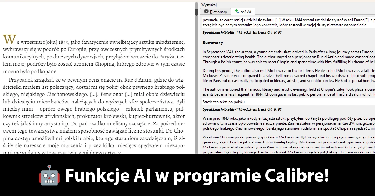 W programie Calibre pojawiły się funkcje AI. Sprawdzam jak działają z polskim modelem Bielik (a część użytkowników już protestuje)