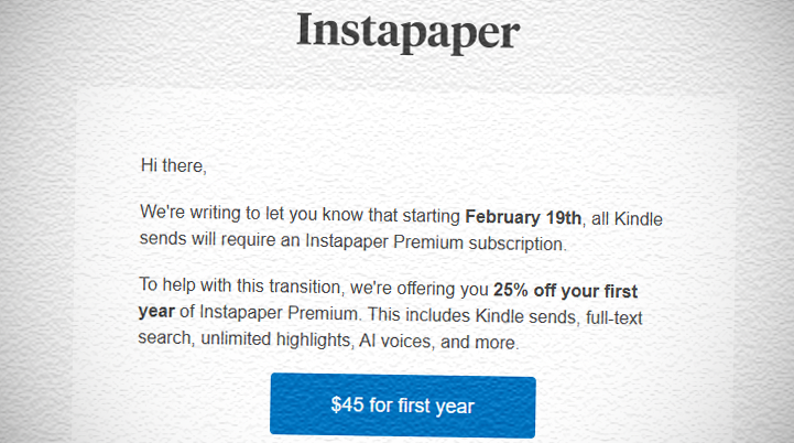 Zmiana w serwisie Instapaper – od 19 lutego wysyłka na Kindle wymaga konta Premium. Jakie mamy opcje?